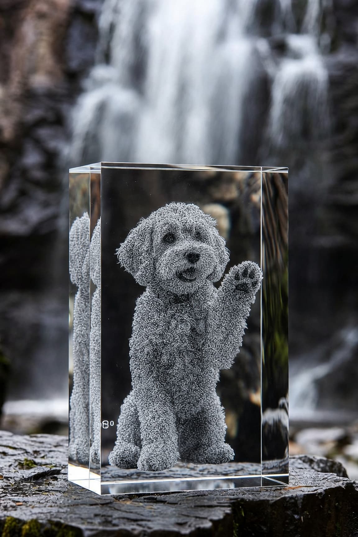 K9 crystal block engraved with a curly-coated dog sitting up, one paw raised, set on a rock in front of a waterfall