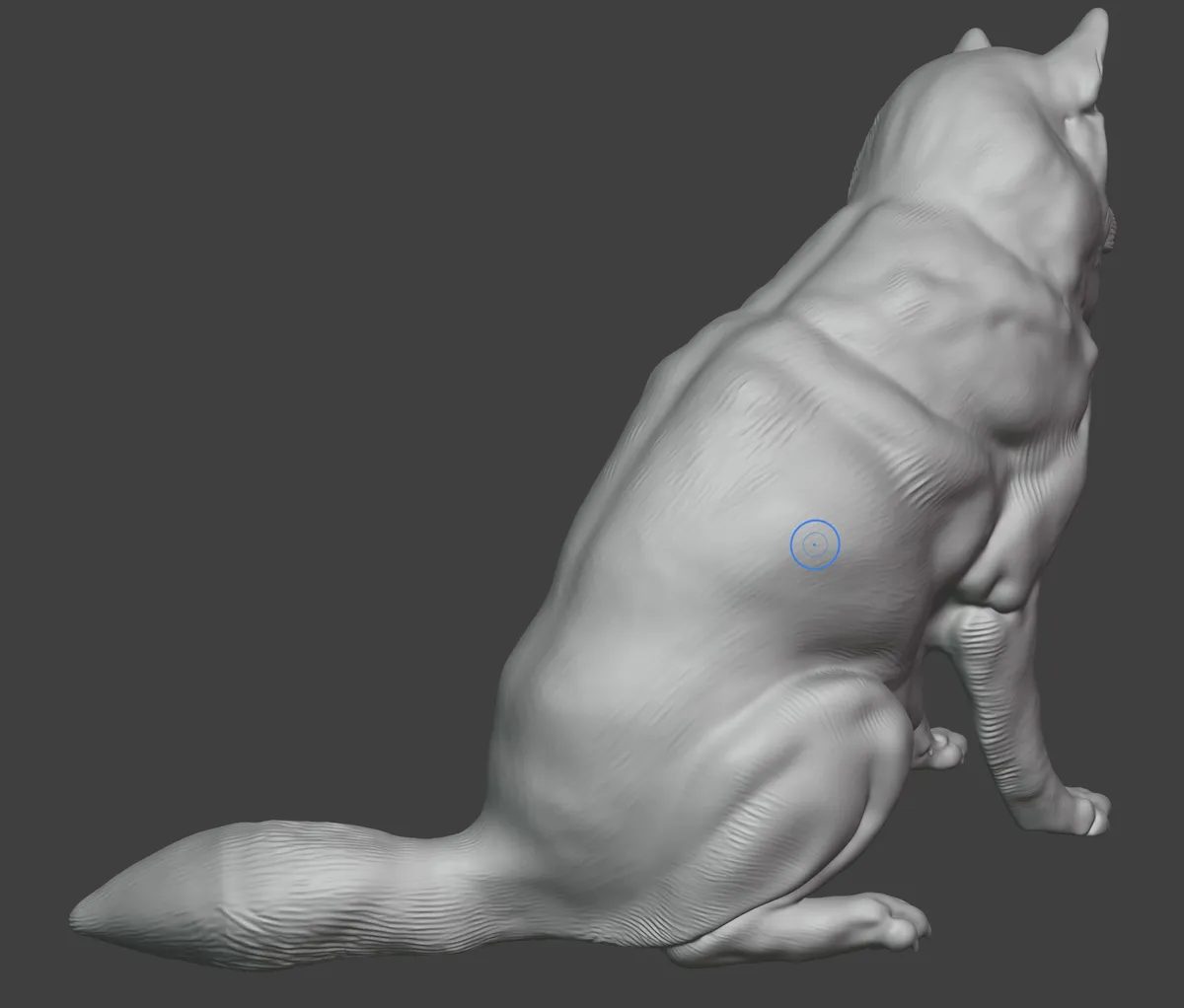 Grey 3D sculpt of a seated husky-type dog, seen from behind, with the direction of the fur sculpted.