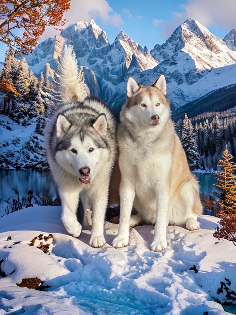 Thor sitting in the snow beside a grey-and-white companion husky on a mountain ridge, with pines and a lake behind them